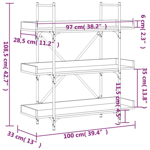 vidaXL bogreol med 3 hylder 100x33x108,5 cm konstrueret træ sort