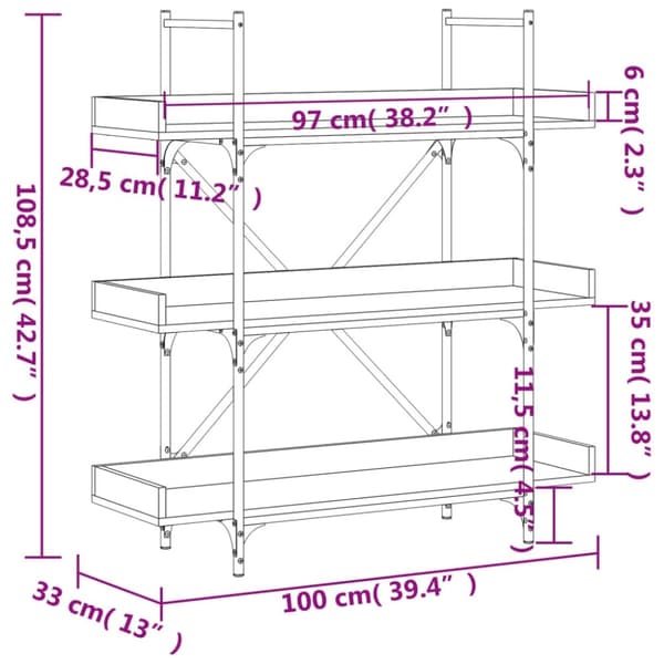 vidaXL bogreol med 3 hylder 100x33x108,5 cm konstrueret træ sonoma-eg