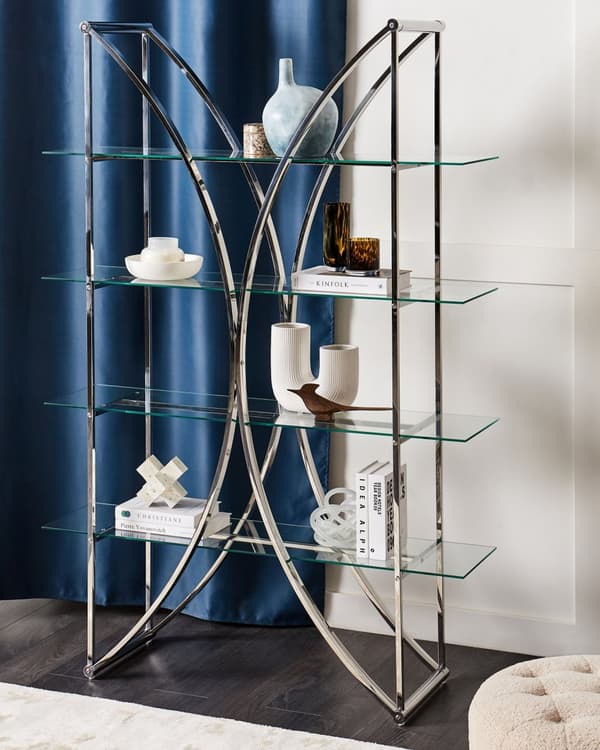 Bogreol sølv klar 175 cm rustfrit stål hærdet glas 4 hylder glamour