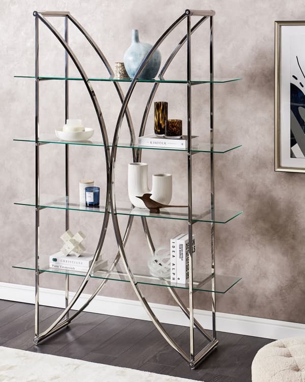 Bogreol sølv klar 175 cm rustfrit stål hærdet glas 4 hylder glamour