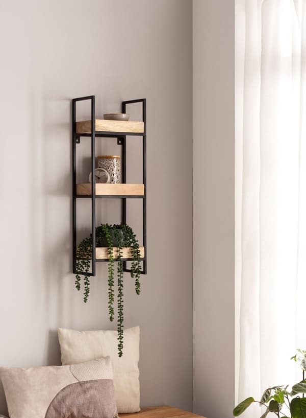 Rootz Modern Industrial Væghylde - Flydende hylde - Dekorativ hylde - Massivt træ og metal - Tre opbevaringsområder - Håndlavet - 27 cm x 77 cm x 18 c
