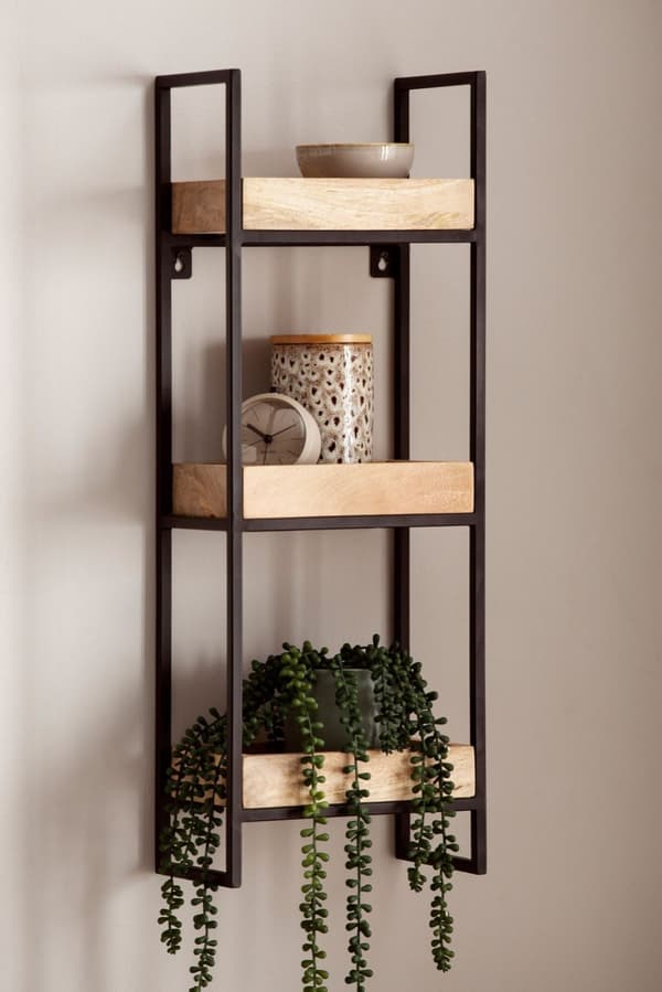 Rootz Modern Industrial Væghylde - Flydende hylde - Dekorativ hylde - Massivt træ og metal - Tre opbevaringsområder - Håndlavet - 27 cm x 77 cm x 18 c