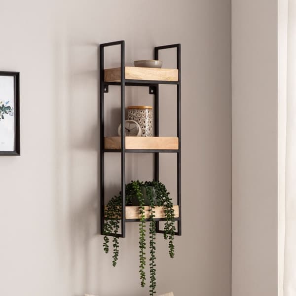 Rootz Modern Industrial Væghylde - Flydende hylde - Dekorativ hylde - Massivt træ og metal - Tre opbevaringsområder - Håndlavet - 27 cm x 77 cm x 18 c