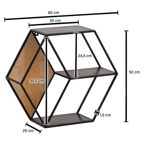Rootz sekskantet væghylde - Industriel stil - Massivt træ - Metal - Tre hylder - Håndlavet - Unik - 60 cm x 52 cm x 20 cm - Mangotræ - Pulverlakeret j