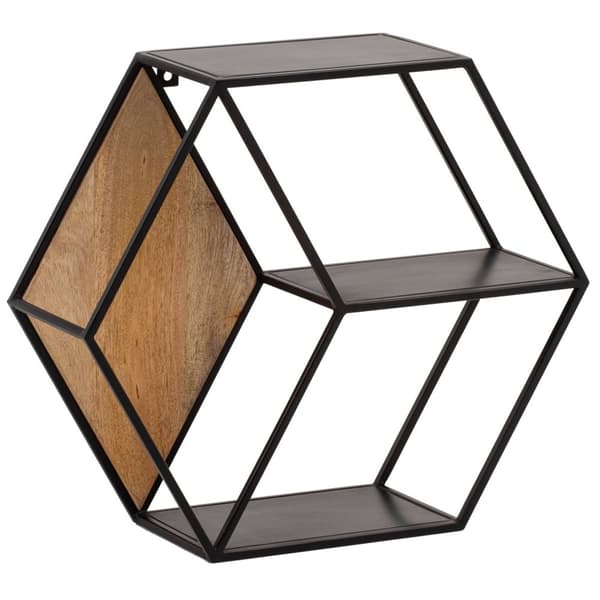 Rootz sekskantet væghylde - Industriel stil - Massivt træ - Metal - Tre hylder - Håndlavet - Unik - 60 cm x 52 cm x 20 cm - Mangotræ - Pulverlakeret j