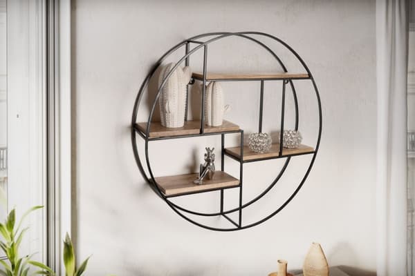 Rootz Modern Industrial Style Væghylde - Massivt træ - Metal - Fire hylder - Håndlavet - Unikt stykke - 70 cm x 70 cm x 18 cm - Varm mørkebrun - Sort