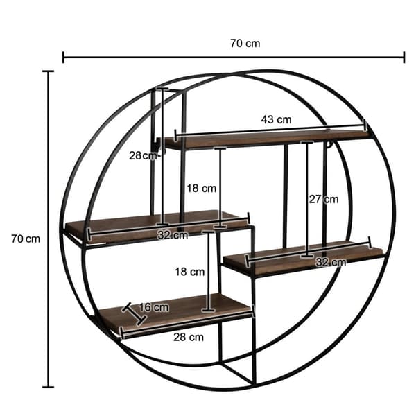 Rootz Modern Industrial Style Væghylde - Massivt træ - Metal - Fire hylder - Håndlavet - Unikt stykke - 70 cm x 70 cm x 18 cm - Varm mørkebrun - Sort