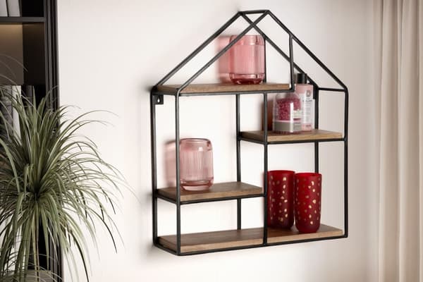 Rootz House Shape Seinähylly - Moderni seinäkoristelu - Massiivipuu - Metallirunko - Neljä hyllyä - Käsintehty - Ainutlaatuinen muotoilu - 50cm x 60cm