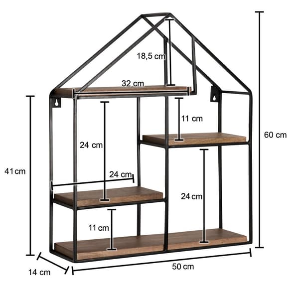 Rootz House Shape Seinähylly - Moderni seinäkoristelu - Massiivipuu - Metallirunko - Neljä hyllyä - Käsintehty - Ainutlaatuinen muotoilu - 50cm x 60cm