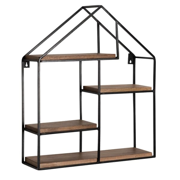 Rootz House Shape Seinähylly - Moderni seinäkoristelu - Massiivipuu - Metallirunko - Neljä hyllyä - Käsintehty - Ainutlaatuinen muotoilu - 50cm x 60cm