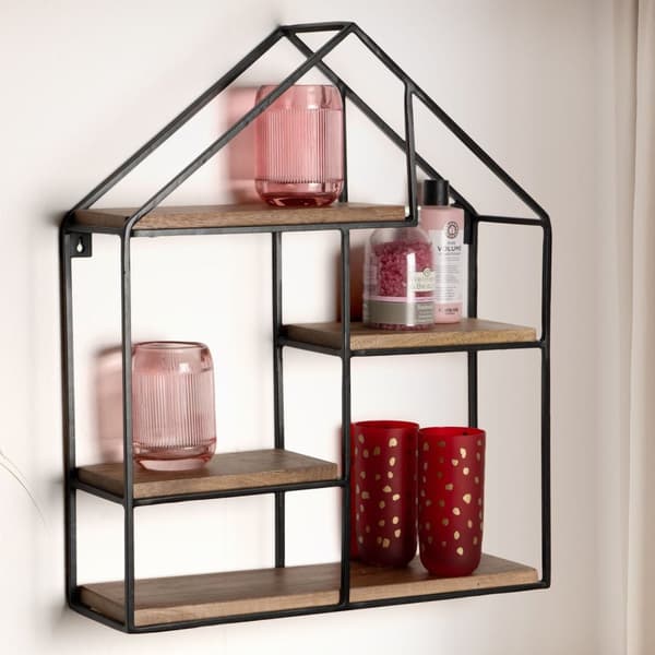 Rootz House Shape Seinähylly - Moderni seinäkoristelu - Massiivipuu - Metallirunko - Neljä hyllyä - Käsintehty - Ainutlaatuinen muotoilu - 50cm x 60cm