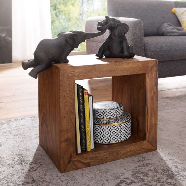 Rootz Cube-hylde - Sidebord - Lille sofabord - Solid Sheesham-træ - Håndlavet - Unikt korn - Attraktivt design - 44 cm x 44 cm x 33 cm