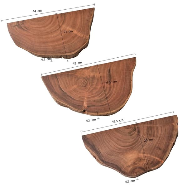 Rootz Natural Edge Vägghyllor Set - Flytande hyllor - Massivt akaciaträ - Handgjord - Unik design - Tre förvaringsutrymmen - Varm ljusbrun - 49,5 cm x