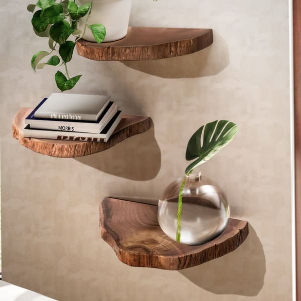 Rootz Natural Edge Vägghyllor Set - Flytande hyllor - Massivt akaciaträ - Handgjord - Unik design - Tre förvaringsutrymmen - Varm ljusbrun - 49,5 cm x