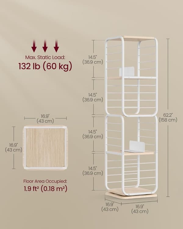 VASAGLE 4-kerroksinen pyörivä kirjahylly, seisova hylly, teräsrunko, beige/pilvenvalkoinen