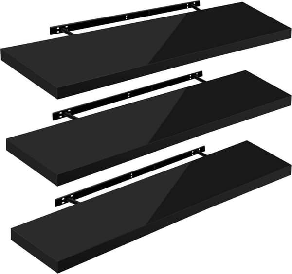 Rootz Set med 3 vägghyllor - Flytande hyllor - Displaykanter - Högblank yta - Fuktbeständig - Enkel installation - 120 cm x 22,9 cm x 3,8 cm