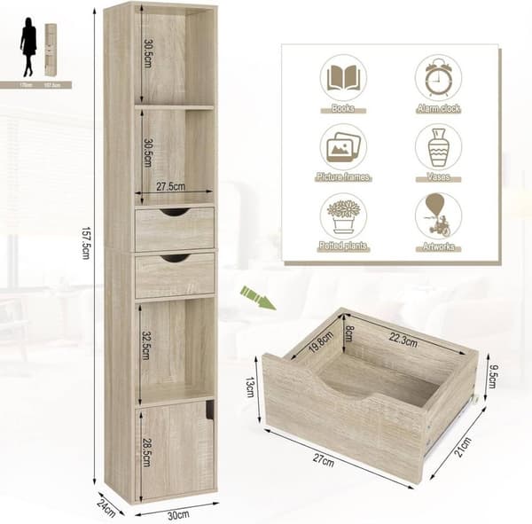 Rootz Modern Multi-Functional Bogreol - Opbevaringsorganisering - Displayhylde - Justerbar, holdbar, pladsbesparende - 30 cm x 158 cm x 24 cm