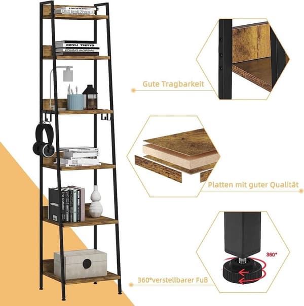 Opbevaringsstativ til Rootz Industriel stil - Reol - Displayhylde - Holdbar MDF og metal - Alsidig, Elegant, Sikker - 41 cm x 187 cm x 36 cm