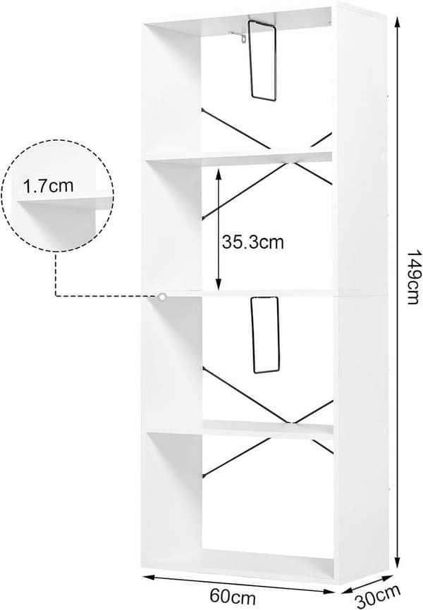 Rootz Modern White 4-lags bogreol - Opbevaringshylde - Displaystativ - Holdbart E1 træ - Pladsbesparende - Ridsefast - 60 cm x 149 cm x 30 cm