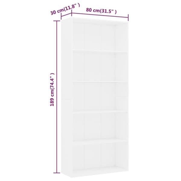 vidaXL bogreol med 5 hylder 80x30x189 cm konstrueret træ hvid -  Bogskabe & reoler