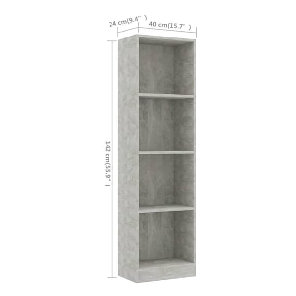vidaXL bogreol med 4 hylder 40x24x142 cm konstrueret træ betongrå -  Bogskabe & reoler