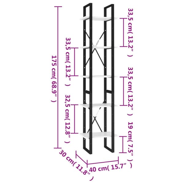 vidaXL Bokhylla 5 hyllplan vit 40x30x175 cm konstruerat trä - Bokhyllor & fristående hyllor
