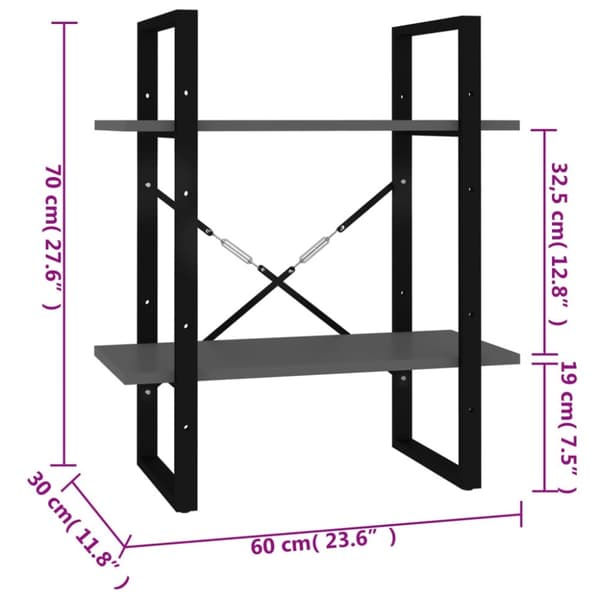 vidaXL bogreol med 2 hylder 60x30x70 cm konstrueret træ grå -  Bogskabe & reoler