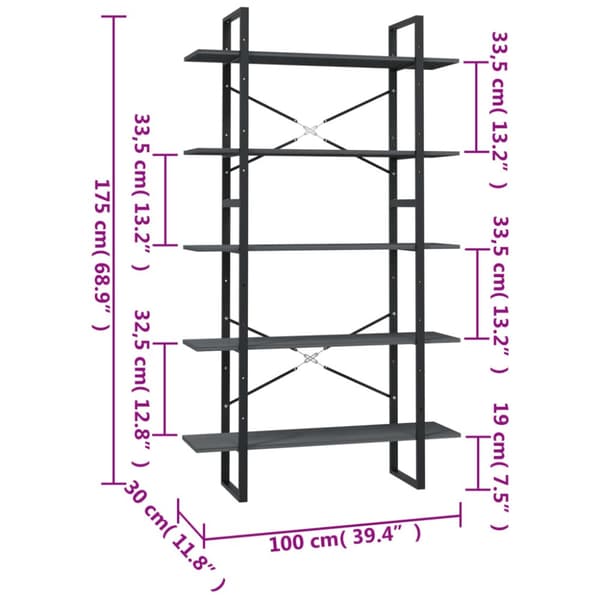 vidaXL bogreol med 5 hylder 100x30x175 cm fyrretræ grå -  Bogskabe & reoler