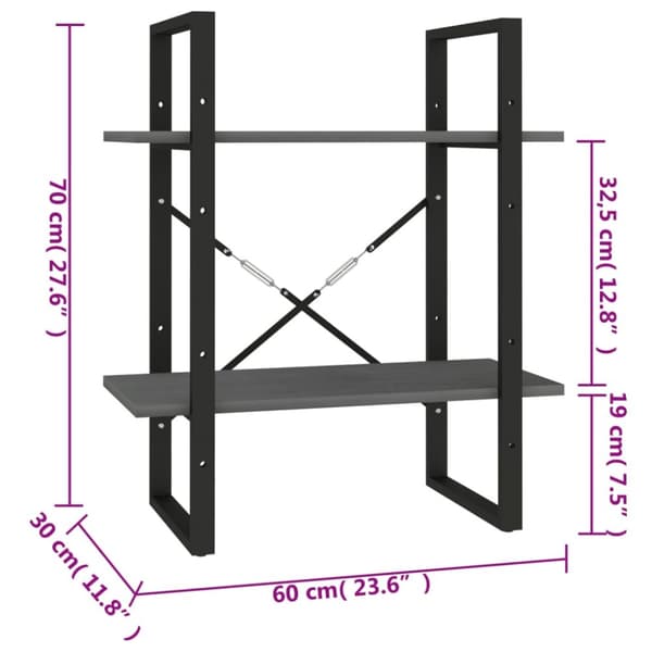 vidaXL bogreol med 2 hylder 60x30x70 cm massivt fyrretræ grå -  Bogskabe & reoler