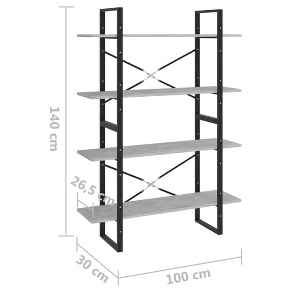 vidaXL Bokhylla 4 hyllplan betonggrå 100x30x140 cm spånskiva -  Bokhyllor & fristående hyllor