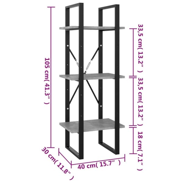 vidaXL bogreol med 3 hylder 40x30x105 cm konstrueret træ betongrå - Bogskabe & reoler