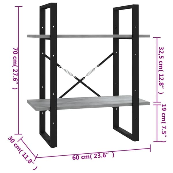 vidaXL bogreol m. 2 hylder 60x30x70 cm konstrueret træ grå sonoma - Bogskabe & reoler