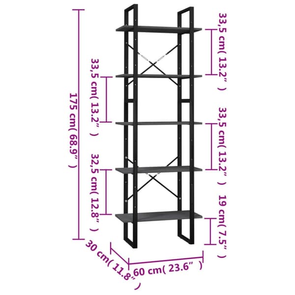vidaXL bogreol med 5 hylder 60x30x175 cm fyrretræ grå -  Bogskabe & reoler