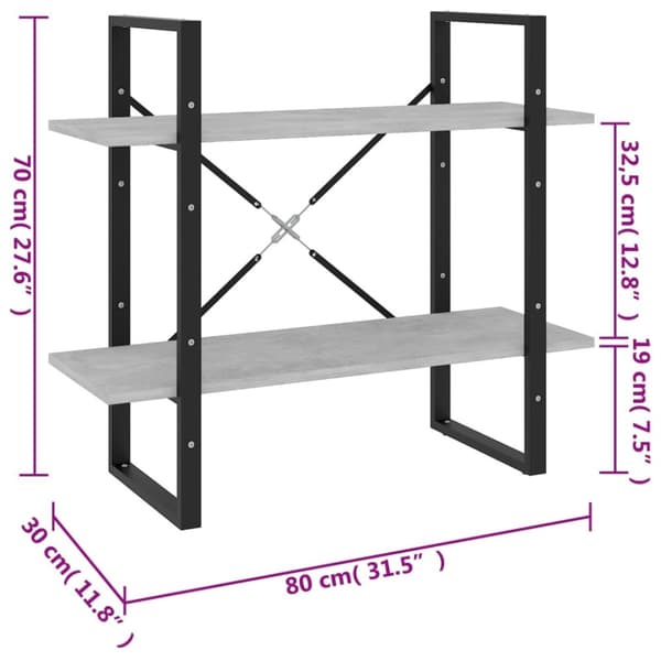 vidaXL Bokhylla 2 hyllor betonggrå 80x30x70 cm konstruerat trä - Bokhyllor & fristående hyllor