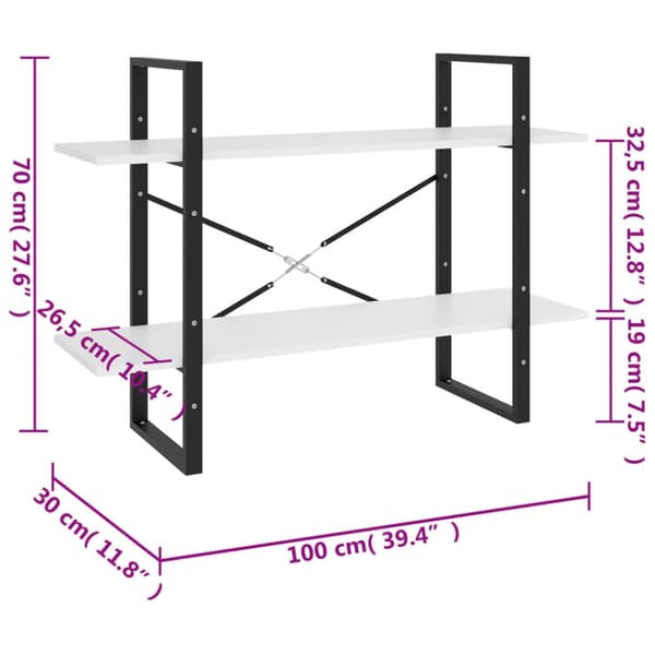 vidaXL bogreol med 2 hylder 100x30x70 cm konstrueret træ hvid -  Bogskabe & reoler