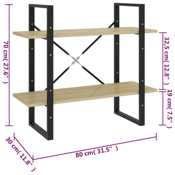 vidaXL bogreol med 2 hylder 80x30x70 cm konstrueret træ sonoma-eg - Bogskabe & reoler