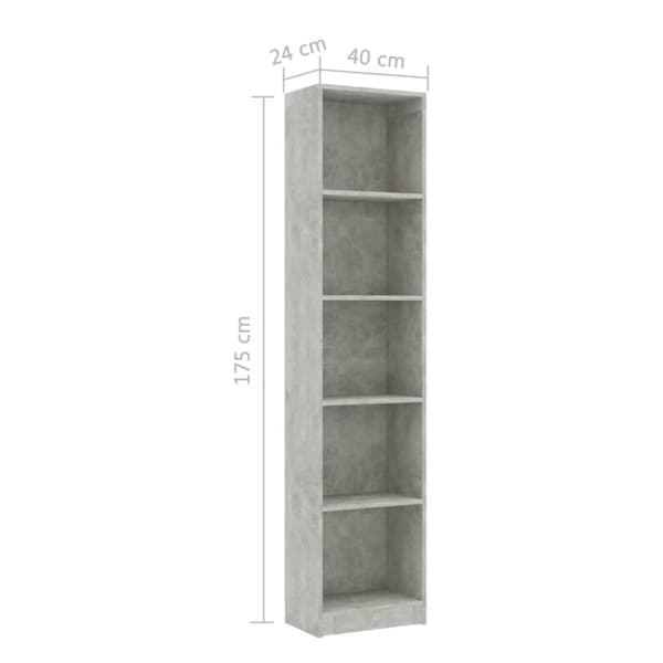 vidaXL bogreol med 5 hylder 40x24x175 cm konstrueret træ betongrå -  Bogskabe & reoler