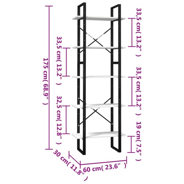 vidaXL bogreol med 5 hylder 60x30x175 cm fyrretræ hvid -  Bogskabe & reoler