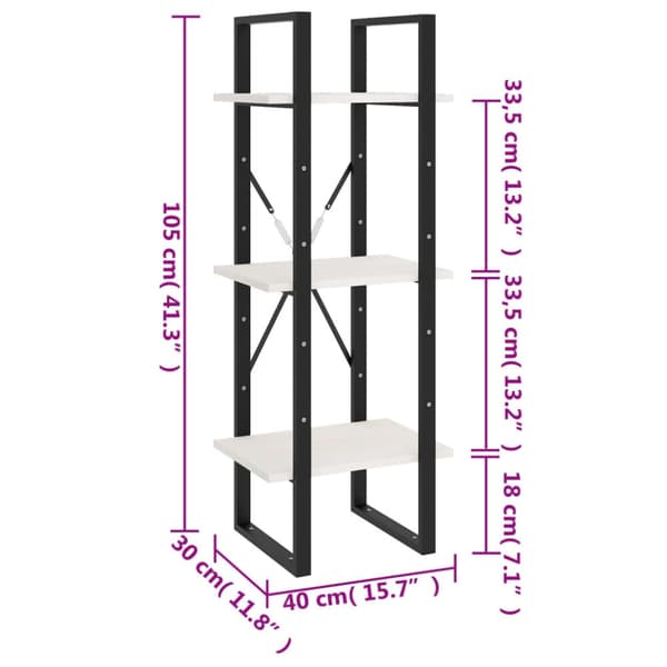 vidaXL bogreol med 3 hylder 40x30x105 cm massivt fyrretræ hvid - Bogskabe & reoler