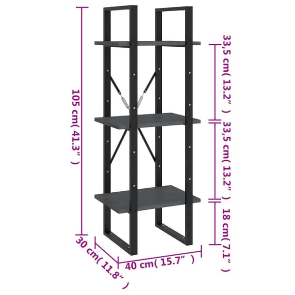 vidaXL bogreol med 3 hylder 40x30x105 cm massivt fyrretræ grå - Bogskabe & reoler