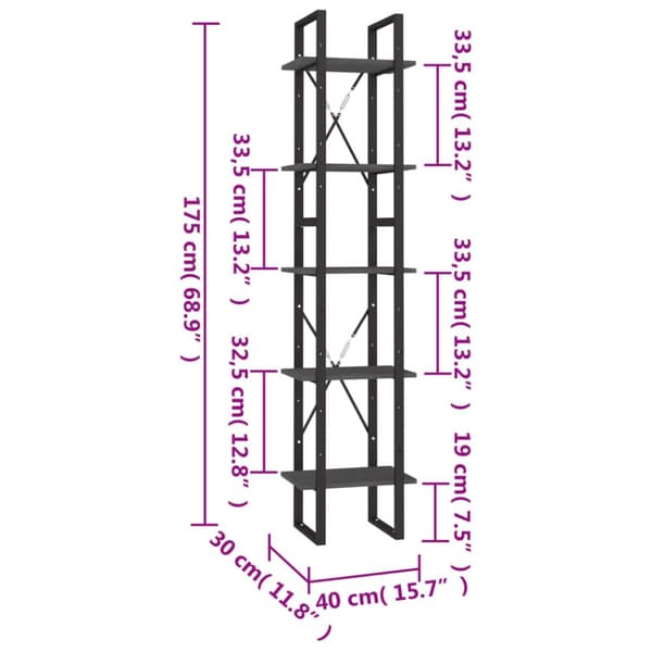 vidaXL bogreol med 5 hylder 40x30x175 cm fyrretræ grå - Bogskabe & reoler