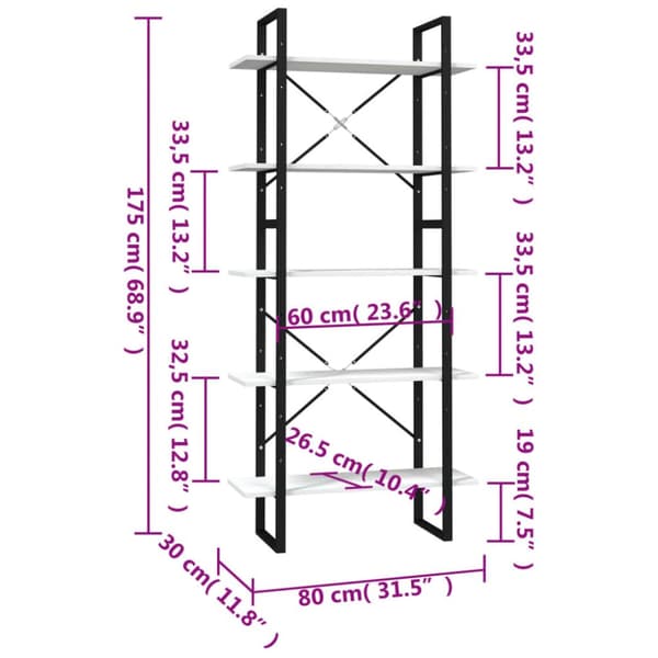 vidaXL bogreol med 5 hylder 80x30x175 cm fyrretræ hvid -  Bogskabe & reoler
