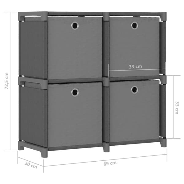 vidaXL 4 kuution esittelyhylly + laatikot harmaa 69x30x72,5 cm kangas - Kirjahyllyt