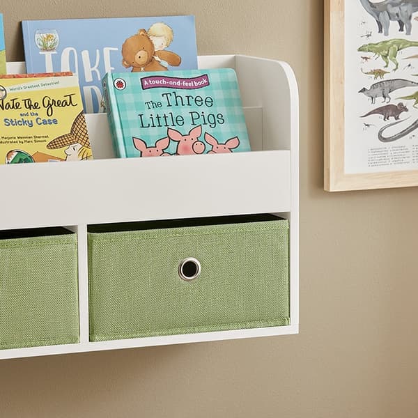 Rootz vägghängare för barn med förvaring - Bokhylla - Organiseringshylla - MDF-konstruktion - Dubbla förvaringsfack - Vikbara fleeceboxar - 60cm x 36c