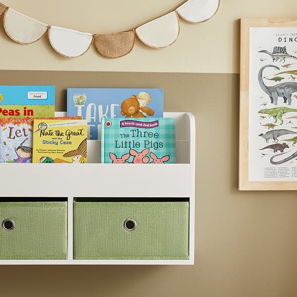 Rootz vägghängare för barn med förvaring - Bokhylla - Organiseringshylla - MDF-konstruktion - Dubbla förvaringsfack - Vikbara fleeceboxar - 60cm x 36c
