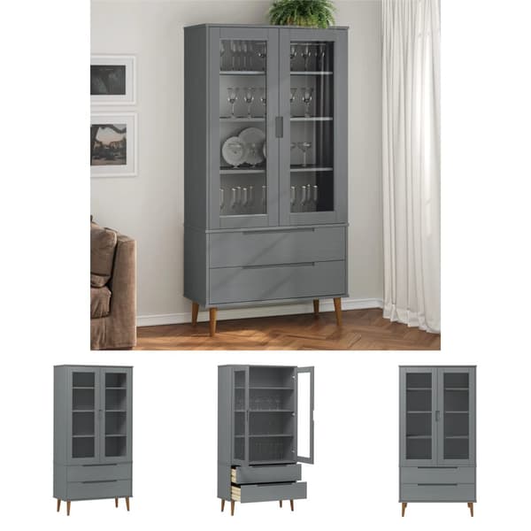 The Living Store Vitrinskåp MOLDE grå 90x35x175 cm massiv furu -  Bokhyllor & fristående hyllor