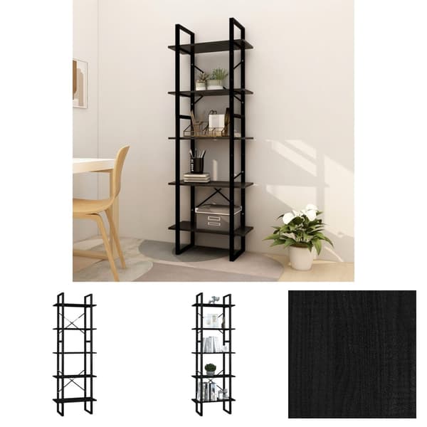 The Living Store bogreol med 5 hylder 60x30x175 cm fyrretræ sort -  Bogskabe & reoler