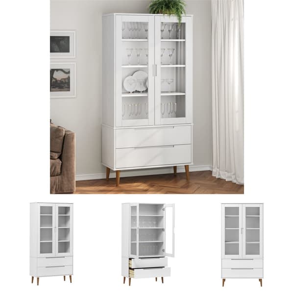 The Living Store vitrineskab MOLDE 90x35x175 cm massivt fyrretræ hvid -  Bogskabe & reoler