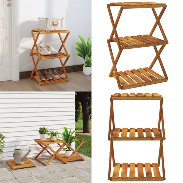 Foldbar reol med 3 hylder 43x31x63 cm massivt akacietræ brun - Foldbar Reol - Foldbare Reoler - Home & Living