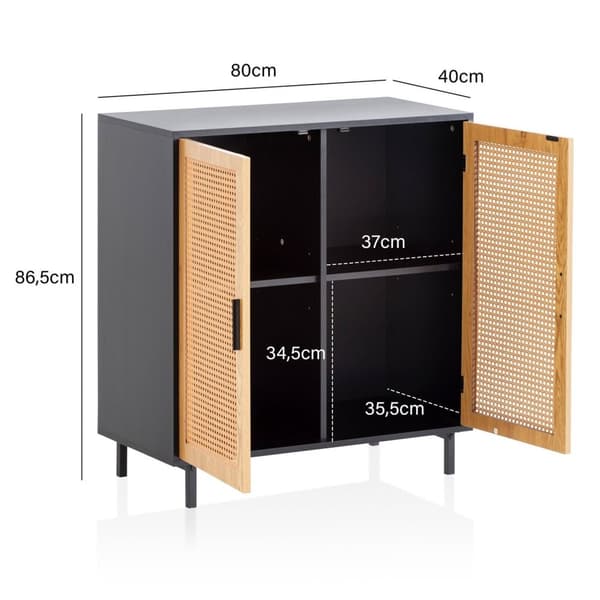 Rootz skænk 80 cm - Kommode - Opbevaringsskab - Wienervævet design - Justerbare hylder - Magnetiske dørstoppere - Sort og brun - 80 cm x 40 cm x 86,5
